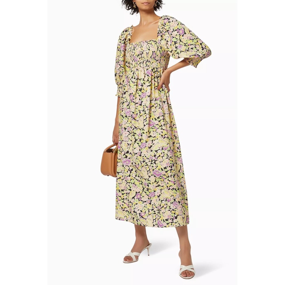 RIXO Saskia Floral Butterfly Smocked Maxi Dress Yellow Purple Linen Large Chic